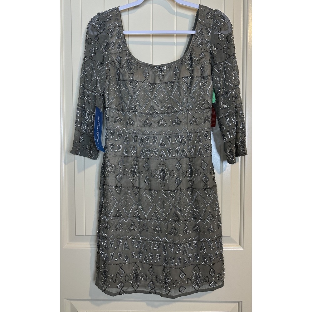 Shail K Beaded sheer sleeves cocktail wedding party formal dress Sz 6 NWT